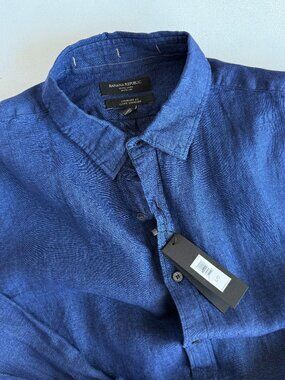Banana Republic Men's 100% Linen Long Sleeve Shirt in Deep Blue Size Large